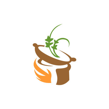 A flat vector logo and icon depicting a traditional cooking pot or clay pot over orange flames, with green herbs or stems sprouting from the open lid, rendered in brown, orange, and green tones agains