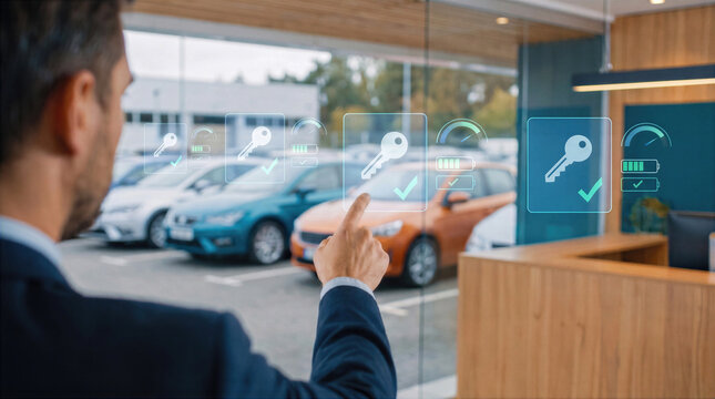 Car rental management with key selection and battery status displayed on interface. Man in suit points to vehicle, checking availability and electric charge level at dealership.