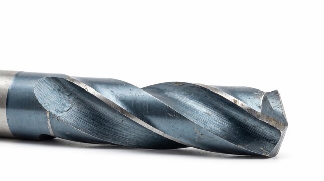 Heavy duty industrial metal drill bit showing sharp spiral flutes and polished steel texture against a clean white studio background