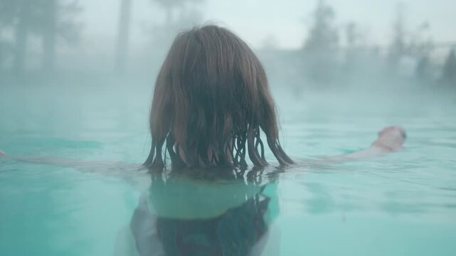 Woman soaking in a steamy turquoise outdoor hot spring pool with misty trees in the background