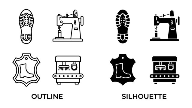 Footwear Manufacturing Icons: A collection of outline and silhouette icons representing the footwear manufacturing process, including a shoe sole, sewing machine, leather material with boot imprint.