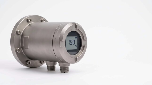 Industrial pressure sensor device featuring a metallic cylindrical housing with a digital display screen showing exact measurements on white background