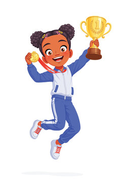 Cute African American girl champion jumping with gold medal and trophy cup. Cartoon vector illustration.