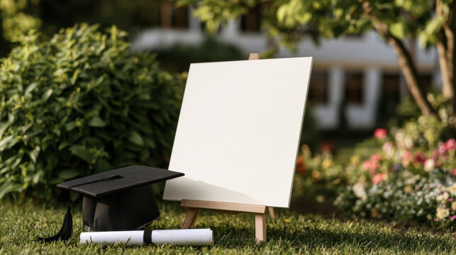 Blank graduation milestone sign mockup on wooden easel outdoors with graduation cap and diploma in garden setting