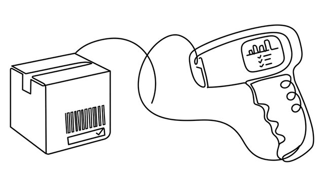 Barcode scanner scanning package on white background.