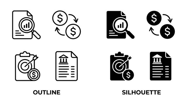 Financial Icons Set: A collection of sleek, modern icons representing financial concepts, including charts, currency exchange, goals, and banking, available in both outline and silhouette styles.