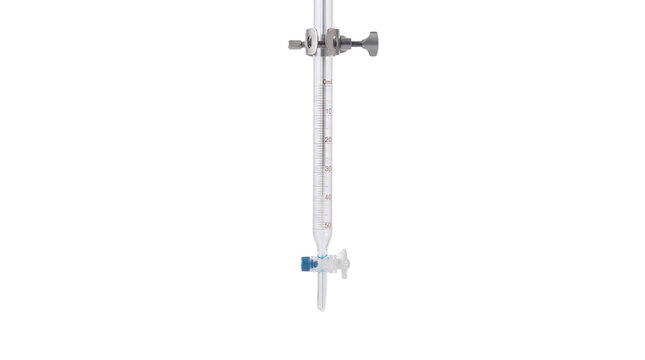 Glass laboratory burette with metal clamp and stopcock