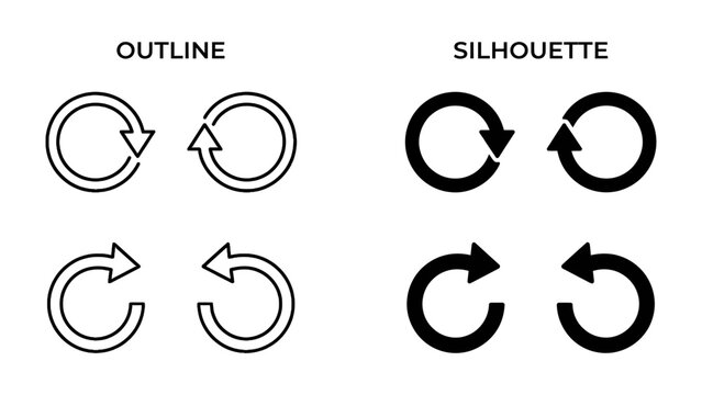 Reload and Refresh Icons: A set of four icons depicting circular arrows, representing reload, refresh, or repeat actions, presented in both outline and solid silhouette styles.