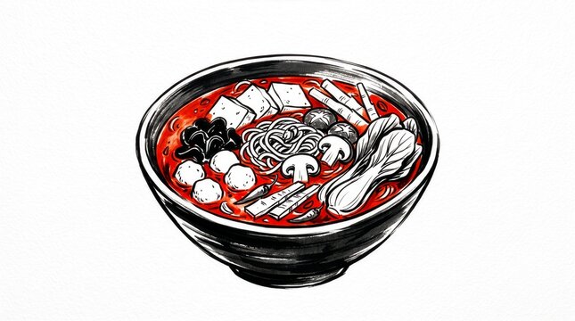 Sketch illustration of malatang in a bowl