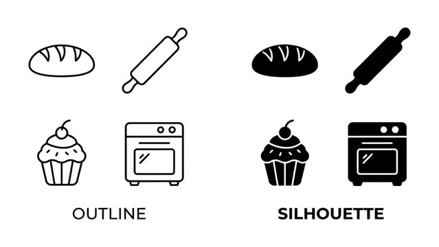 Baking Essentials: A set of outline and silhouette icons depicting essential baking tools and treats including bread, rolling pin, cupcake, and oven.