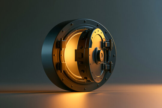 3D render of slightly open heavy bank vault door with glowing warm light for financial security and wealth protection concept