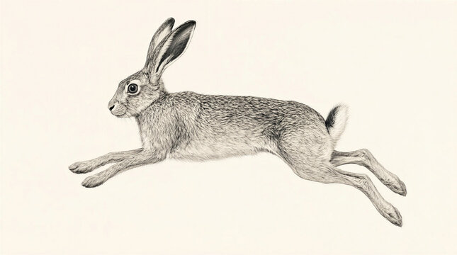 Vintage Sketch of Running Wild Hare Leaping Rabbit Hand Drawn Pencil Drawing Pencil Illustration Isolated on Cream Background