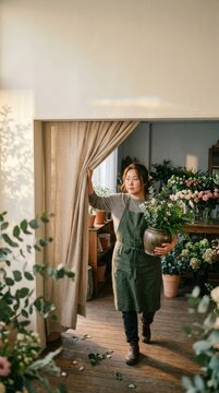 Woman carrying a potted plant in a cozy flower shop filled with greenery