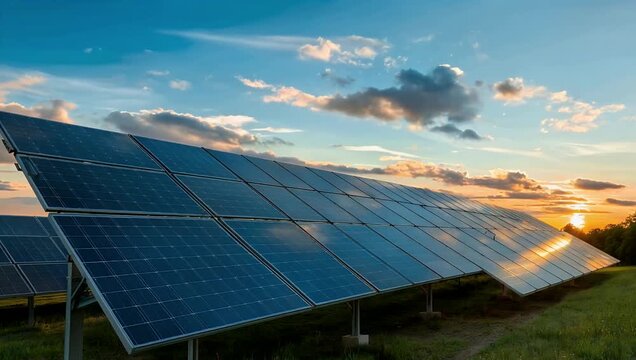 t42395 mp4 Master quality 4K Ultra HD drone footage of a modern solar panel array glowing under warm sunset light highlighting renewable green energy technology sustainable power generation and
