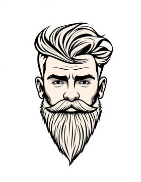 Stylish black and white line art portrait of a handsome man with swept hair, mustache and long beard.