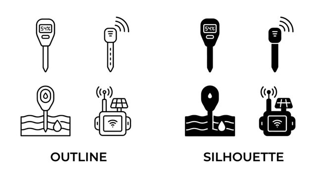 Soil Moisture Meter Icons: A set of clear outline and silhouette icons depicting various soil moisture meters, including devices with probes, wireless signals, and solar panels.
