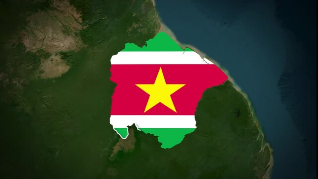 Video animation of the Suriname map highlighted with its national flag, showing South America country location and territory outline