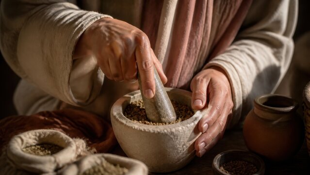 Woman preparing fragrant spices in a stone mortar with pestle. Biblical era medicinal ritual and burial preparation concept inspired by the women preparing ointments after Jesus crucifixion.
