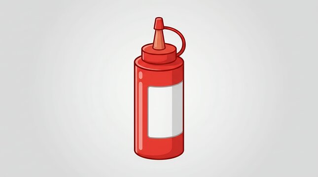 Squeeze Condiment Container With Blank StickerArtwork Red sauce dispenser featuring a white customizable tag plastic nozzle and glossy highlights presented in an animated aesthetic isolated