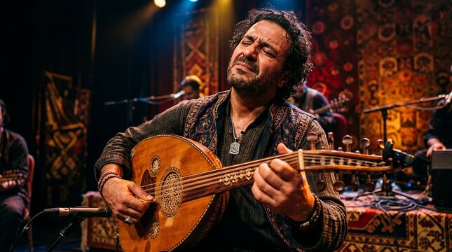 Passionate musician plays oud instrument on stage with band.