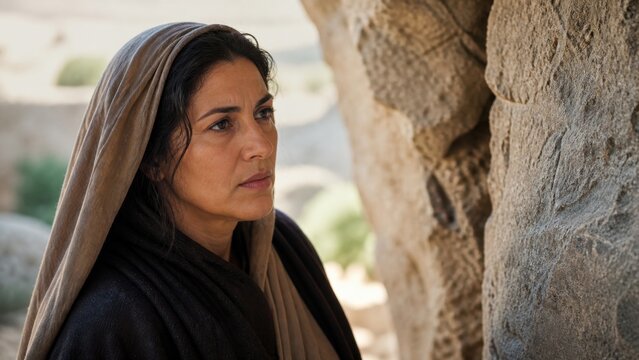 Woman in biblical clothing looking toward a rock tomb. Solemn mourning, faith, remembrance, and Holy Week concept inspired by the women witnessing Jesus burial.
