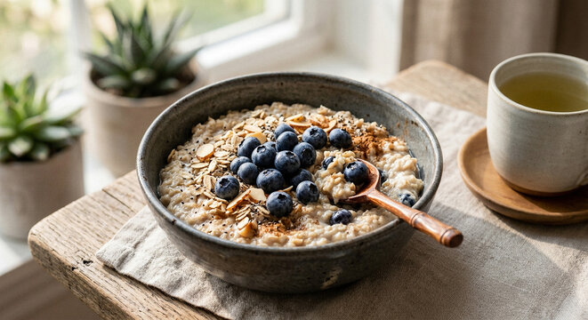 Healthy rustic oatmeal bowl with fresh blueberries and green tea, copy space