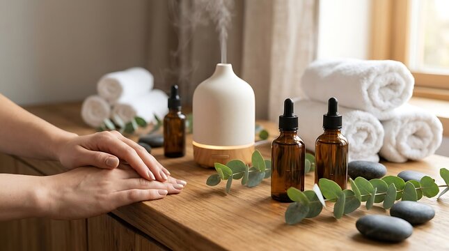 Aromatherapy essential oil diffuser on wooden table, spa wellness concept with towels and eucalyptus, holistic massage treatment scene