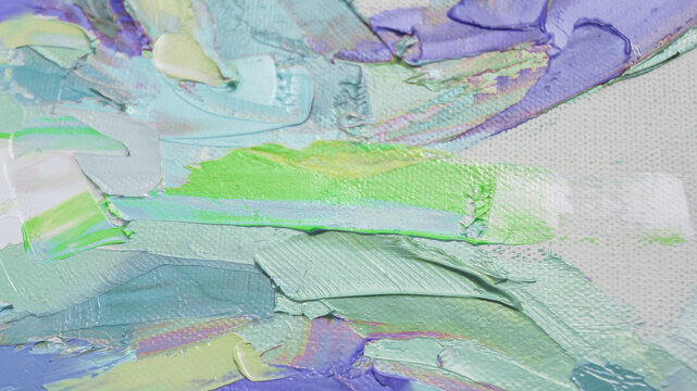 Closeup of a painting by oil and palette knife. Highly-textured, high quality details. Fragment of multicolored texture painting. Abstract art background. oil on canvas. Rough brushstrokes of paint.