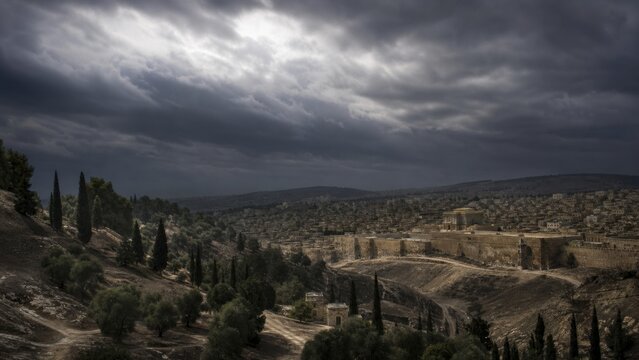 Dramatic view of ancient Jerusalem beneath dark storm clouds. Biblical landscape near the Mount of Olives and temple, evoking the crucifixion of Jesus and the Passion narrative.