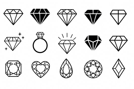 Diamond icon set, black gemstone symbol, luxury jewel vector illustration, precious stone graphic