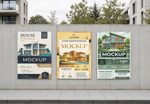 Three Posters Overcast Brutalist Mockup