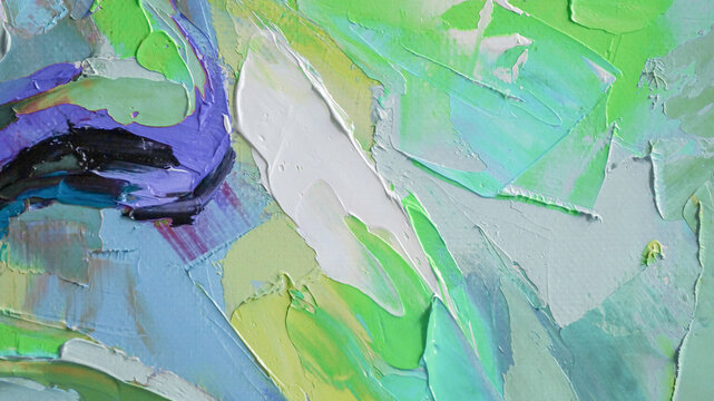 Closeup of a painting by oil and palette knife. Highly-textured, high quality details. Fragment of multicolored texture painting. Abstract art background. oil on canvas. Rough brushstrokes of paint.