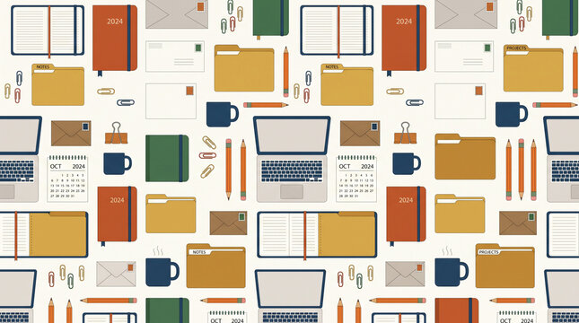 Minimalist 2d flat vector illustration of a seamless pattern made of office supplies including planners, envelopes, calendars, paper clips, pencils, folders, coffee mugs, and laptops, Secretaries' Day