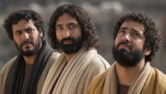 Jesus standing between two men in ancient robes, solemn biblical scene depicting the crucifixion story, faith, sacrifice, forgiveness, and Christian devotion