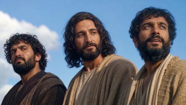 Three biblical men in ancient robes looking upward beneath a bright sky. Biblical drama depicting Jesus with two criminals before the crucifixion, faith, prophecy, and salvation.