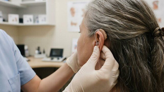 Woman receiving ear examination in a medical office with a healthcare professional present