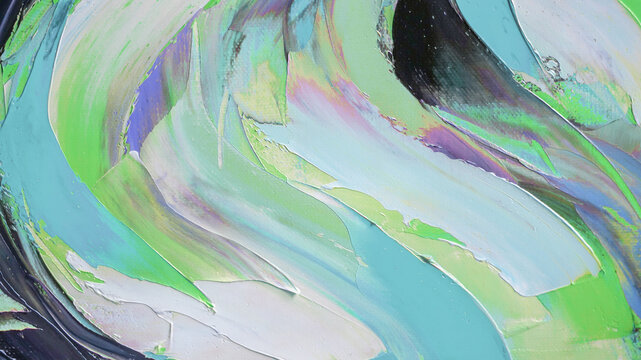 Closeup of a painting by oil and palette knife. Highly-textured, high quality details. Fragment of multicolored texture painting. Abstract art background. oil on canvas. Rough brushstrokes of paint.