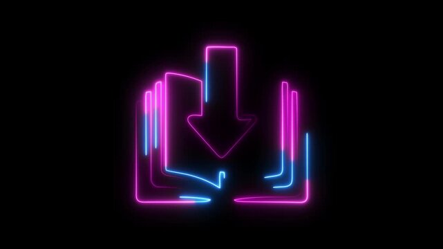 Glowing neon download ebook icon animation set against black background for digital e-learning online education