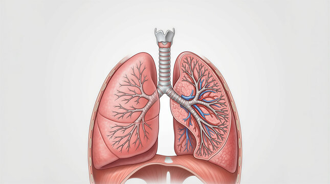 Human lungs with bronchial tree and trachea shown from a front view on a light background