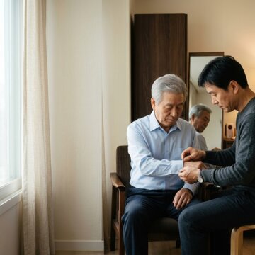 Man helping elderly man put on watch in a warm home environment.  The image highlights family care