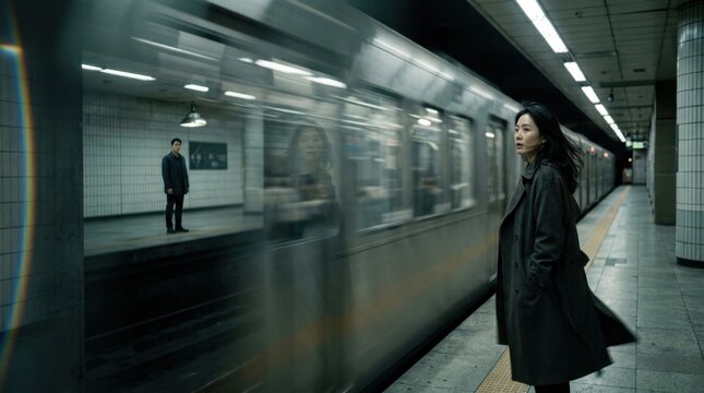 Woman waiting at a subway station as a train rushes past in urban setting