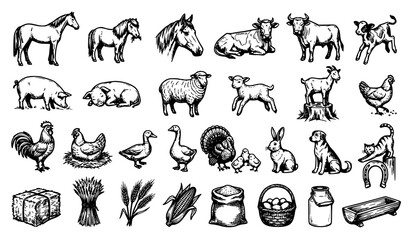 Fototapeta premium Farm Livestock and Poultry Icon Set with Horse, Cow, Pig, Goat, Rabbit and Grain Sack Vector Illustration