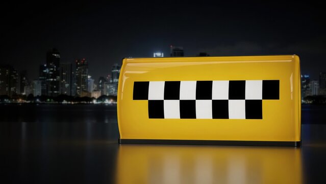 Bright yellow taxi roof sign with a black and white checkered pattern, positioned in front of a blurred city skyline at night with lights