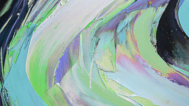 Closeup of a painting by oil and palette knife. Highly-textured, high quality details. Fragment of multicolored texture painting. Abstract art background. oil on canvas. Rough brushstrokes of paint.