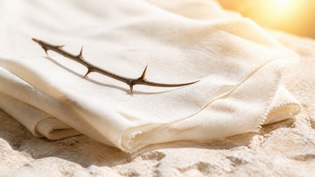 Crown of thorns resting on folded linen in sunlight. Christian symbolism of the crucifixion, sacrifice, suffering, forgiveness, and Easter faith.