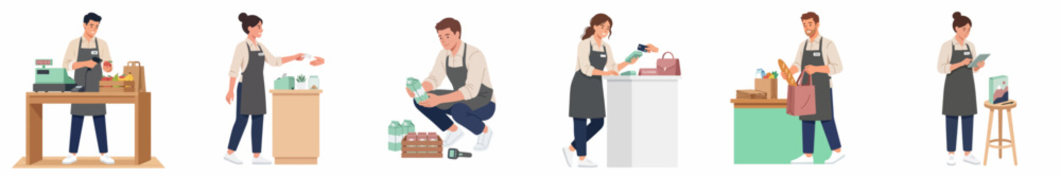 Collection of diverse grocery store staff flat vector characters performing retail tasks such as restocking shelves, working at checkout, and managing inventory.