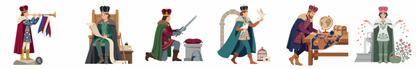 Fototapeta premium Set of medieval flat vector illustrations featuring kings and royalty in various historical scenes including sitting on a throne and knighting.