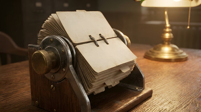 Vintage Rolodex Rotary Card File on Wooden Desk with Warm Office Lamp Lighting