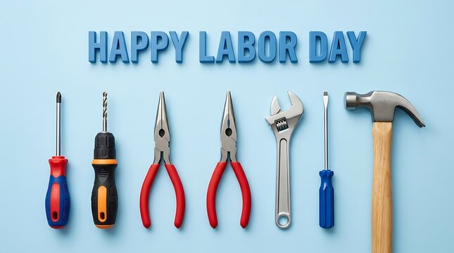 Various hand tools arranged in a row with happy labor day text on blue background with collection various construction