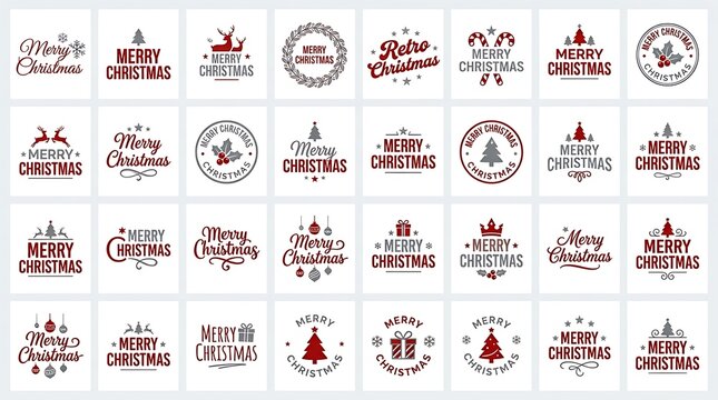 Set of thirty two flat merry christmas text labels with holiday icons and decorative typography elements on a white background with icons